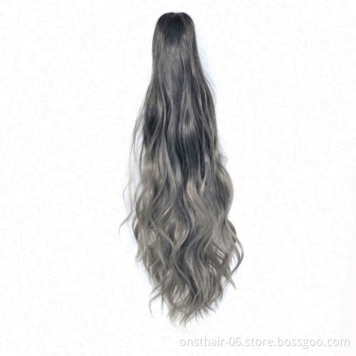 MYZYR 24inch Long Gray Blonde Wavy Clip on Hairpiece Extensions P ony Tail High Temperature Fiber Synthetic Hair Claw P onytails